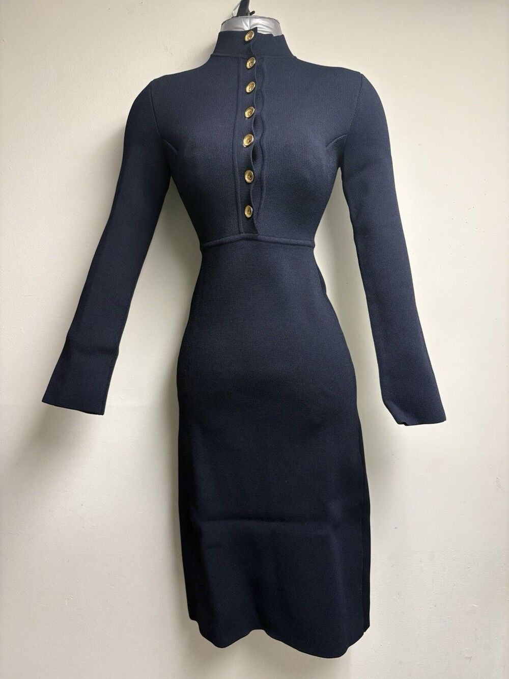 New Elegant Scanlan Theodore Navy Blue Ribbed Crepe Knit Dress Sz X-Small